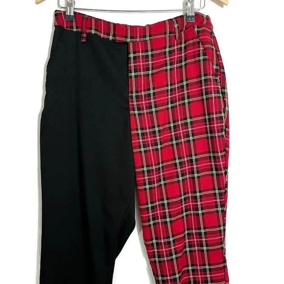 Hot Topic Pants Juniors Large Red Tartan Plaid Black Split Leg Stretch Waist - Picture 2 of 4